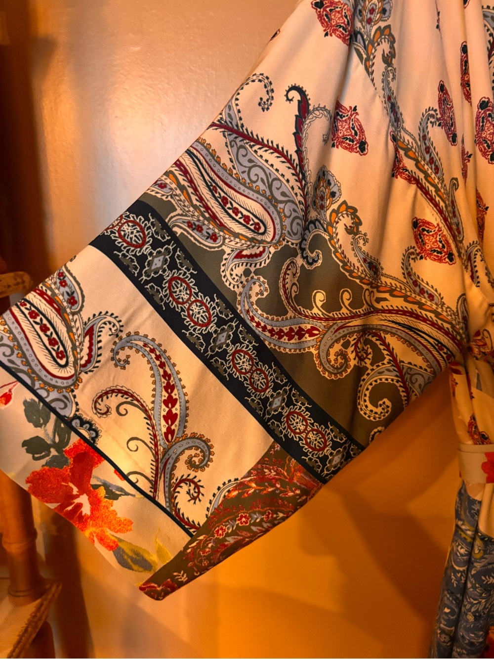 Chico's Cream Satin jacket with Green and Orange Paisley Floral Print - Picture 3 of 8
